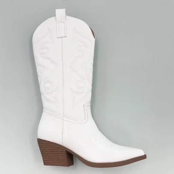 New White Western Cowboy Mid-Calf Boots - Picture 1 of 4